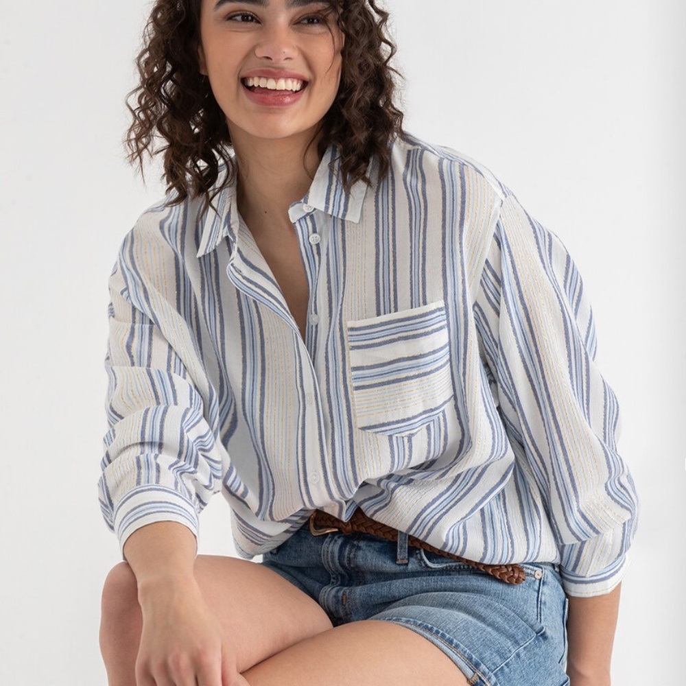 Relaxed Fit XL Blue and White Striped Button Down Top with Metallic Thread NWT